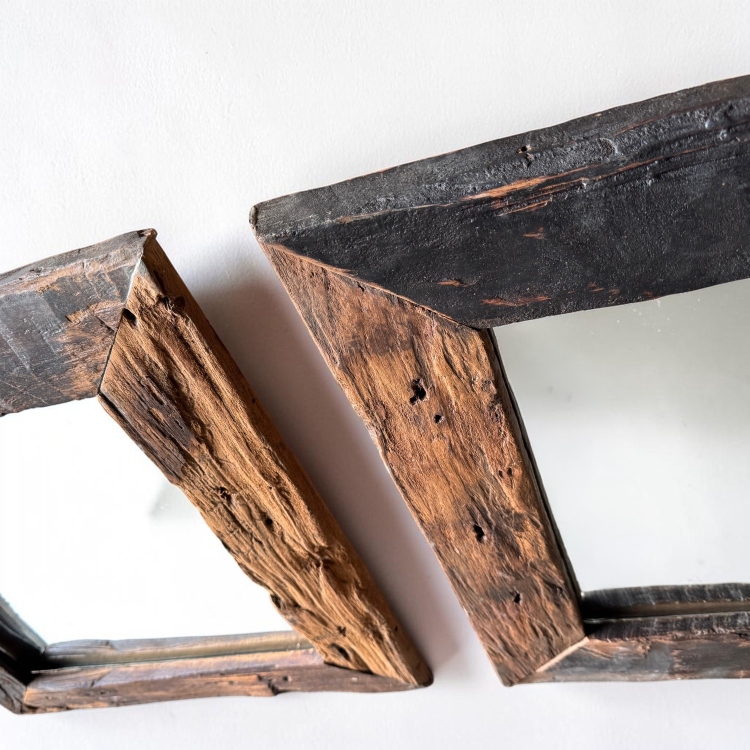 Pair of Mirrors in Antique Teak Wood with Natural Grain ALAIOR
